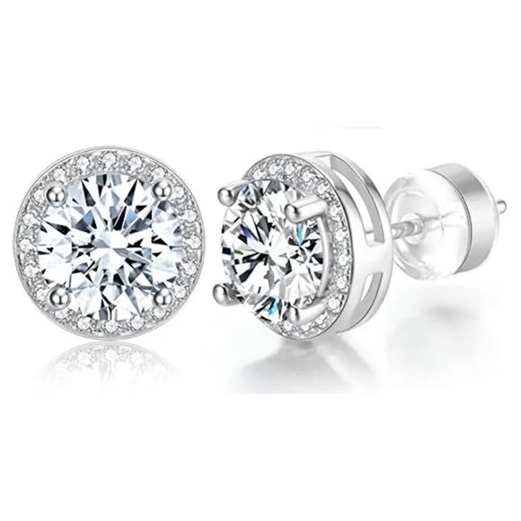 Cubic Zirconia Stud Earrings Silver for Men and Women - Picture 2 of 2